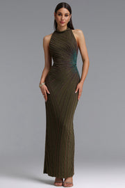 Lisbon Elegant Contour High Neck Beaded Embroidery Woven Maxi Dress